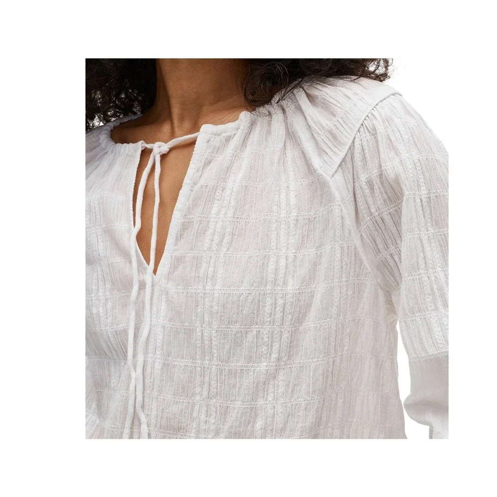 J. Crew Tie Front Popover Top White Seersucker Long Sleeve S